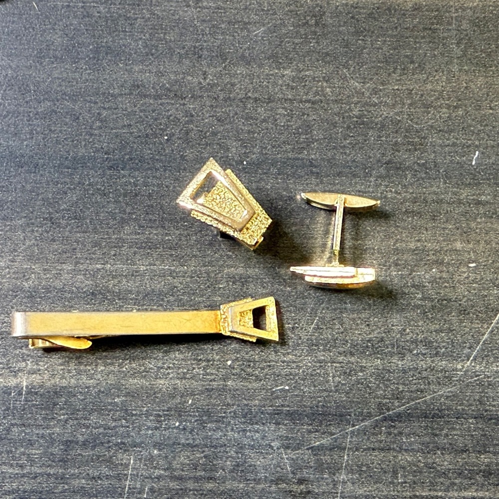 Vintage Gold Tone Cufflinks and Tie Clip Set Art Deco Style